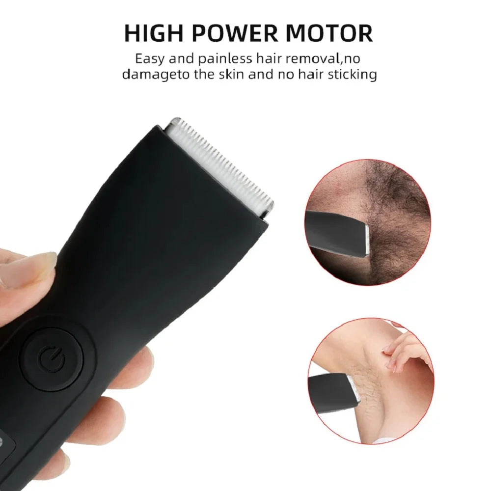 Trimmer for kroppshår med skarpe, hudvennlige blader. Vanntett for våt og tørr bruk, enkel rengjøring.