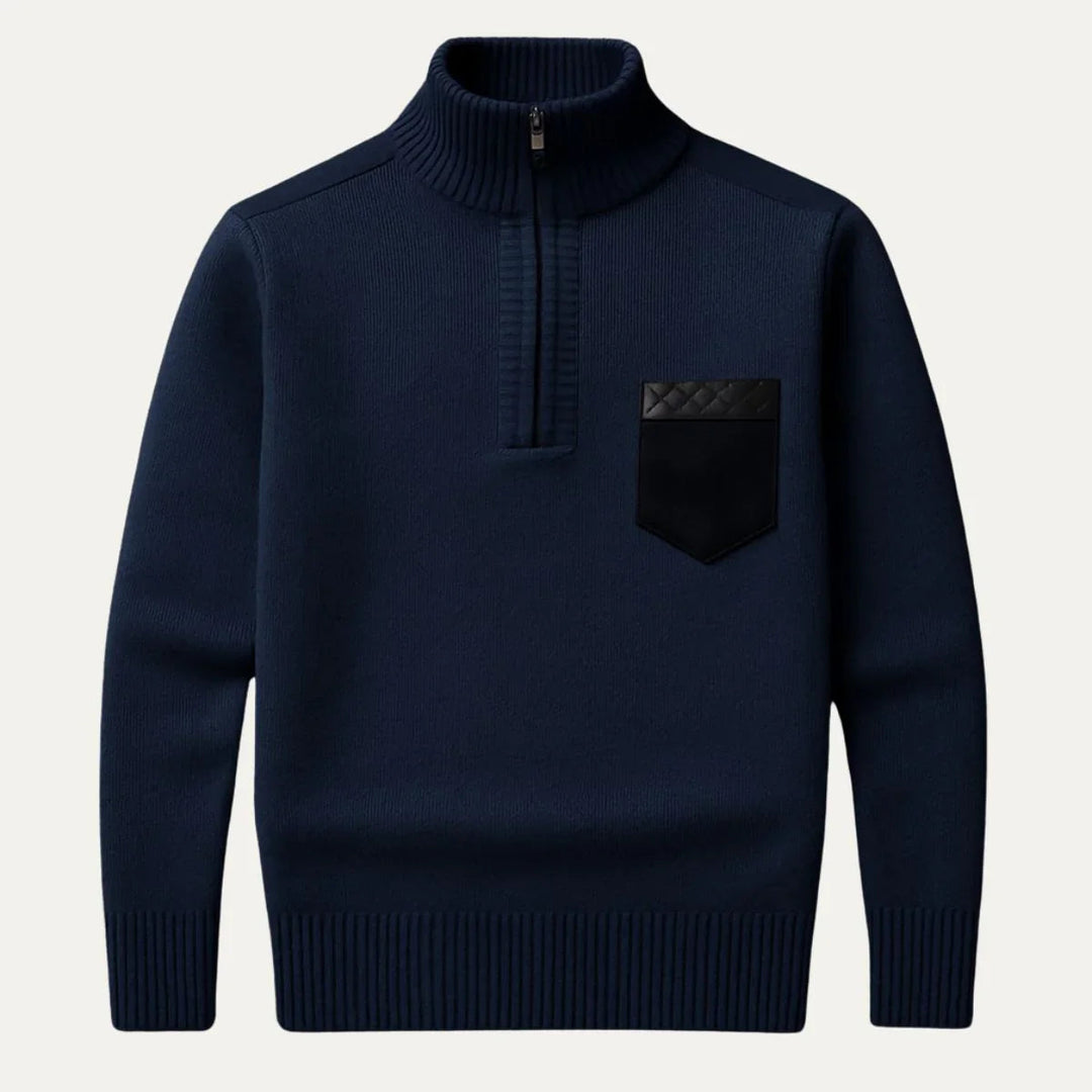 Motebevisst herre ullgenser, halv glidelås, patchwork-design. Ideell casual genser for menn.