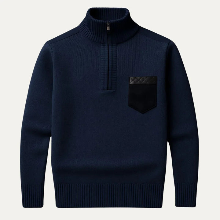 Motebevisst herre ullgenser, halv glidelås, patchwork-design. Ideell casual genser for menn.