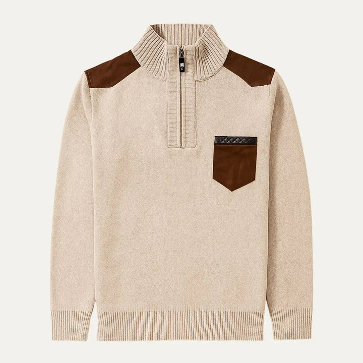 Varm og komfortabel herre ullgenser med halv zip og unikt patchwork-design for vinteren.