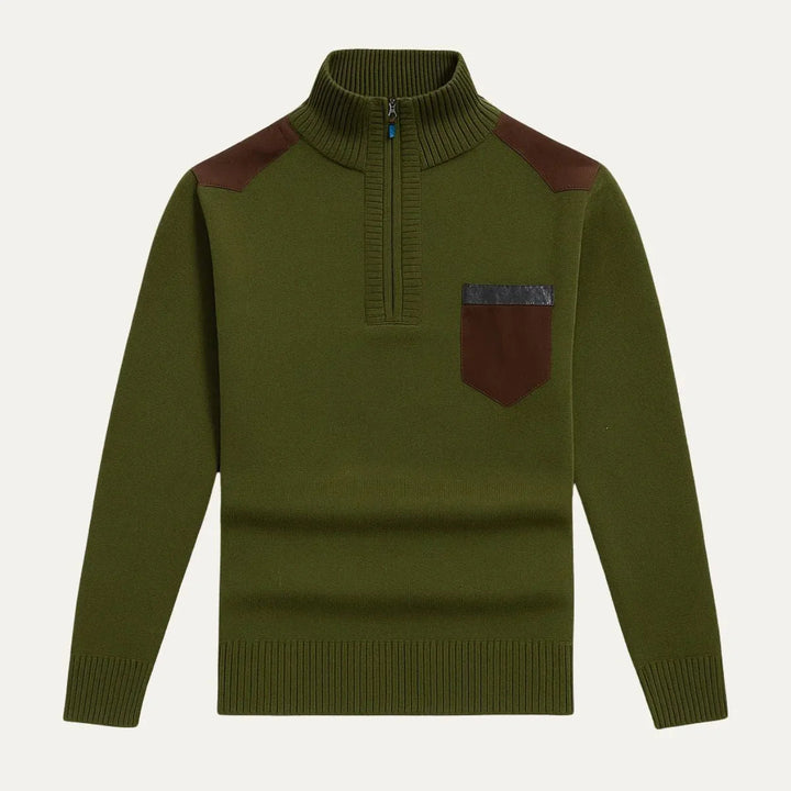 Stilren herre ullgenser med halv glidelås, unikt patchwork-design i imitert semsket skinn.