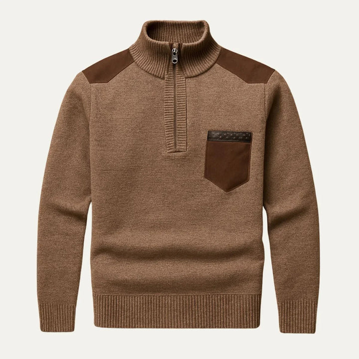 Herre ullgenser med halv zip og trendy patchwork-detaljer. Komfortabel høst- og vintergenser.