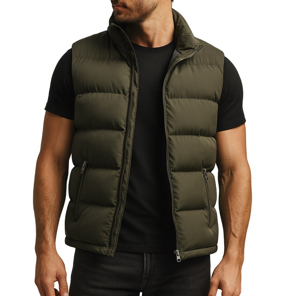 Stilig vattert herrevest i polyester for allsidig stil og komfort. Perfekt som vår- eller høstvest for menn.