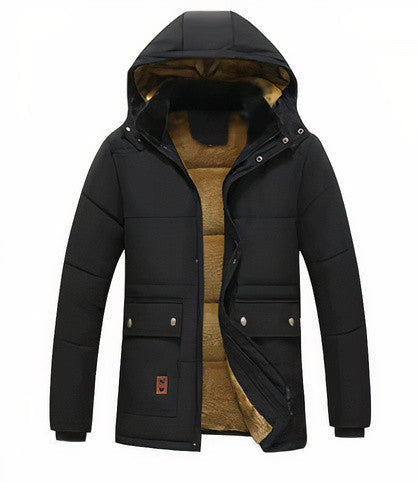 Komfortabel og varm herre parkas. Klassisk vinterjakke for menn med avtagbar hette, stilrent yttertøy.