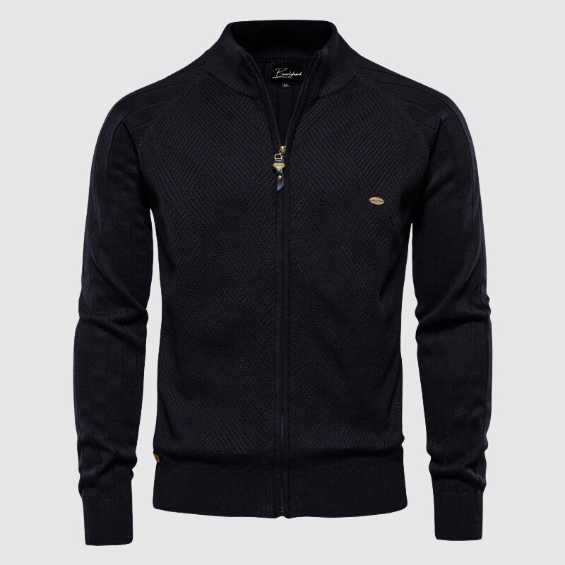 Mørkblå herre zip-up cardigan med ribbet tekstur. Ideell for casual vår- og høstantrekk.