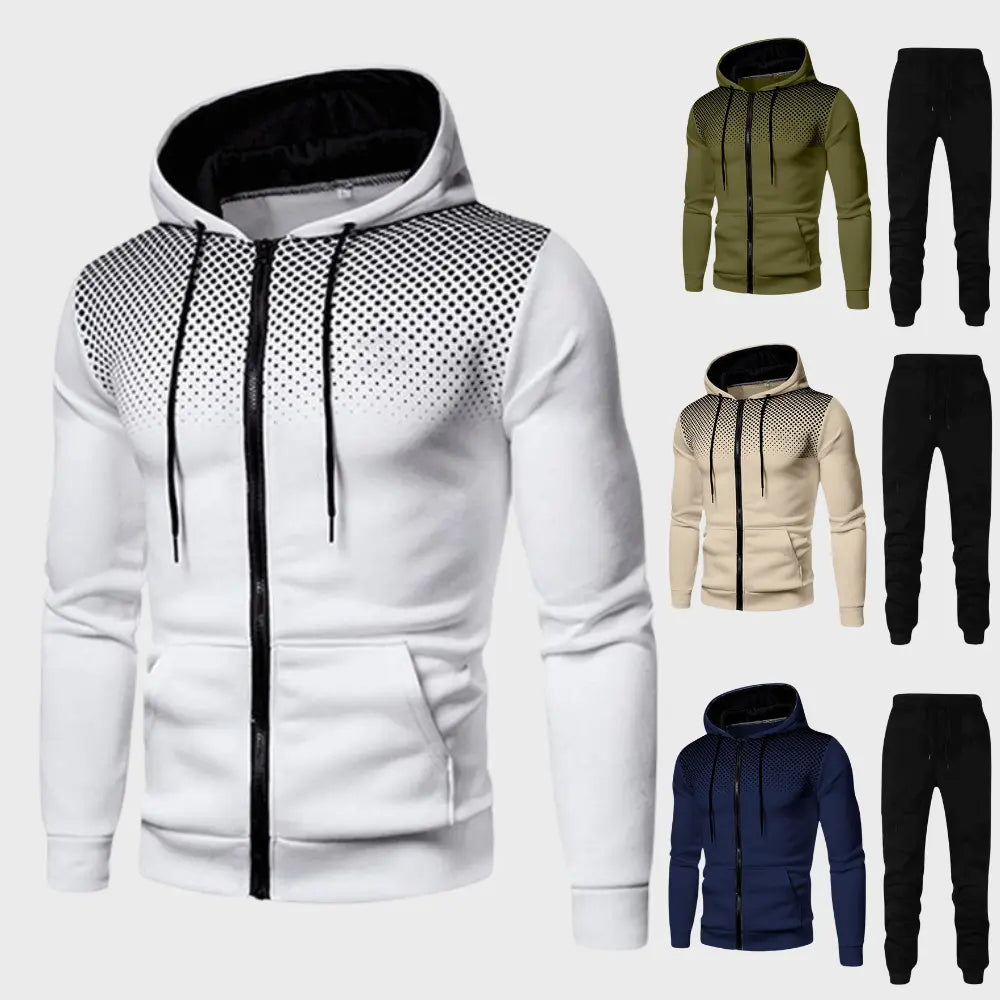 Detalj av myk grå herre hettegenser i polyester/bomull, ideell for trening og avslapning.