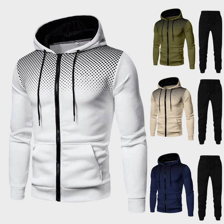 Detalj av myk grå herre hettegenser i polyester/bomull, ideell for trening og avslapning.