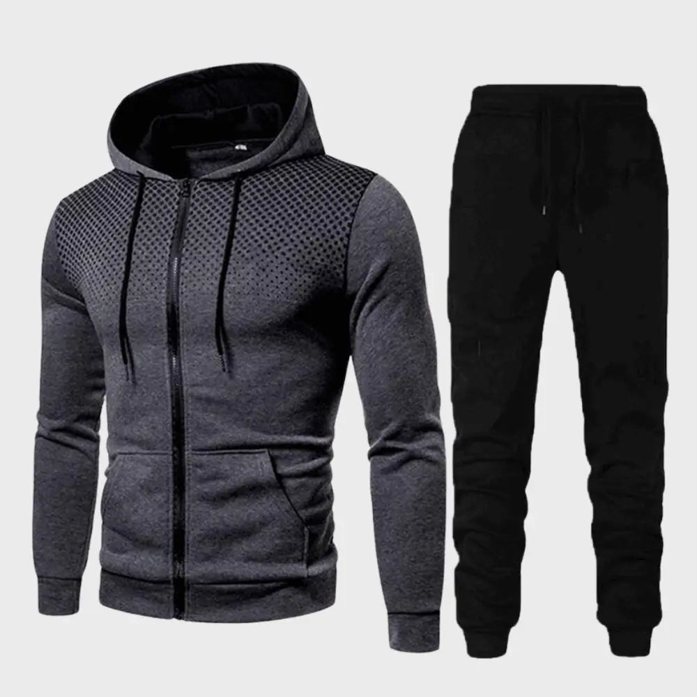 Herre aktivtøy: Moderne grått treningssett med hettegenser og joggebukse for optimal komfort.