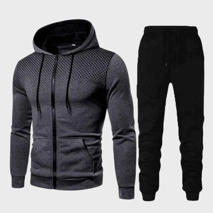 Herre aktivtøy: Moderne grått treningssett med hettegenser og joggebukse for optimal komfort.