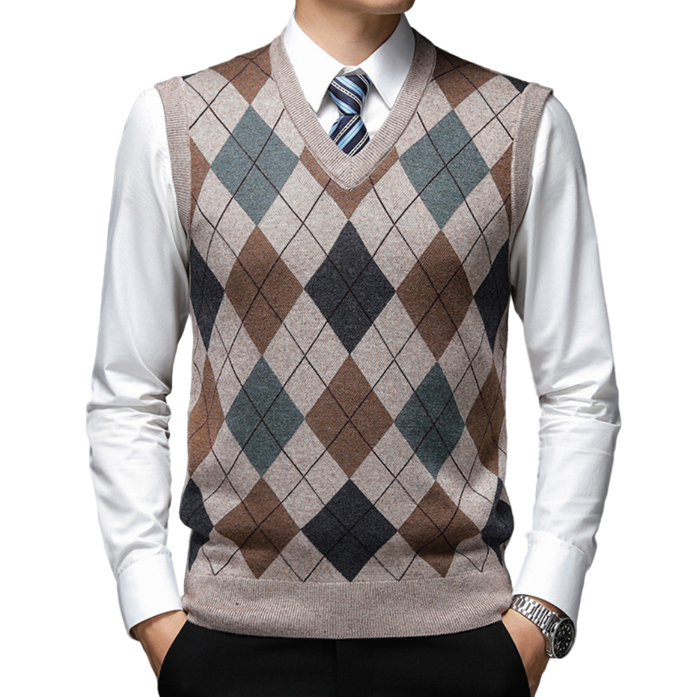 Elegant herresweater med v-hals, ermeløs for lag-på-lag. Perfekt for formell eller casual herremote.