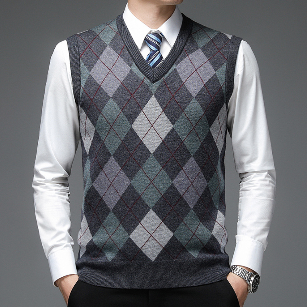 Elegant og slank v-hals vest for menn, en ermeløs herresweater som løfter enhver herremote-stil.