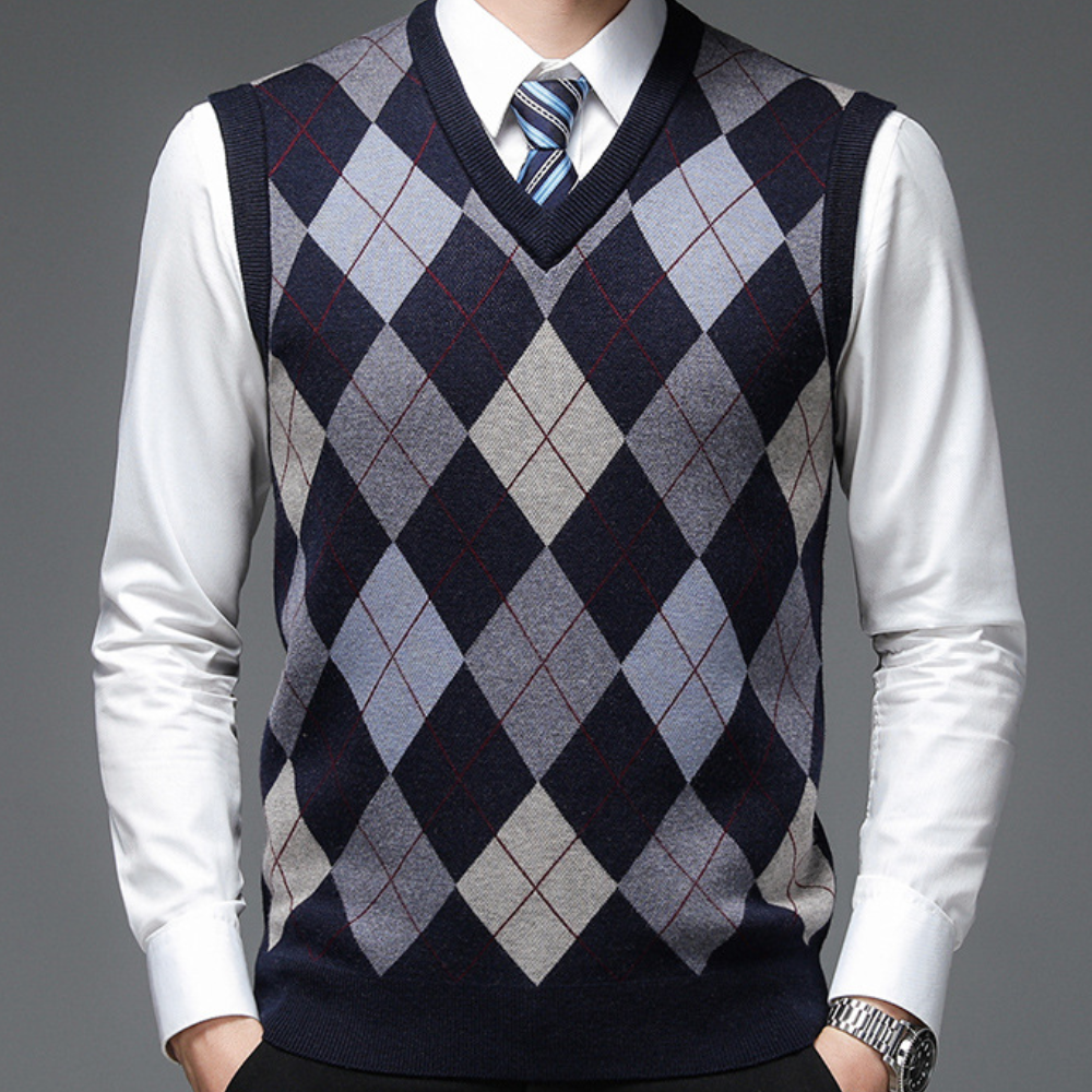 Smart-casual v-hals herresweater uten ermer. En elegant og komfortabel vest for moderne lag-på-lag.
