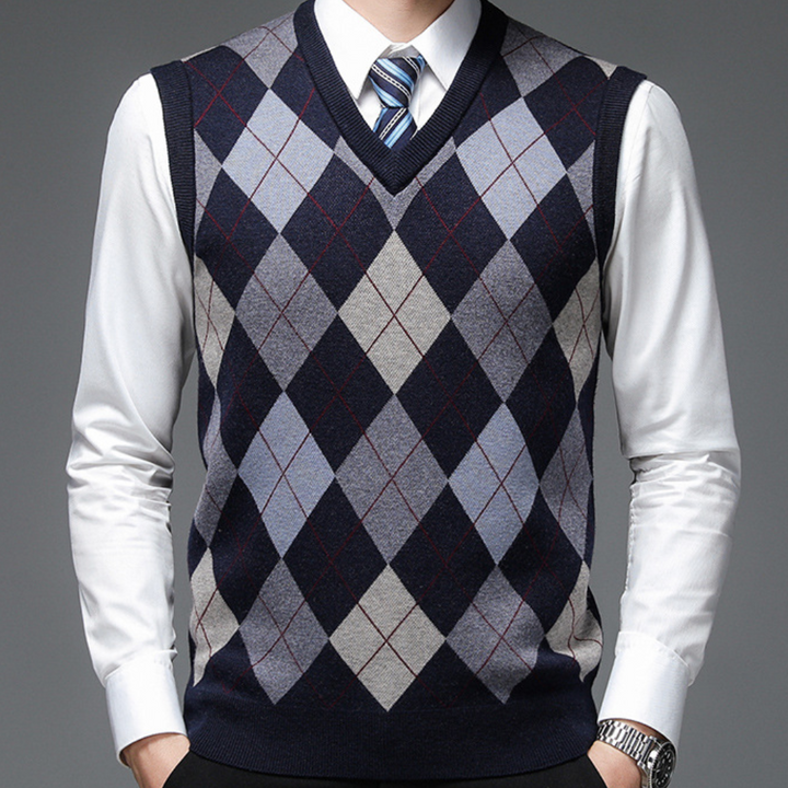 Smart-casual v-hals herresweater uten ermer. En elegant og komfortabel vest for moderne lag-på-lag.