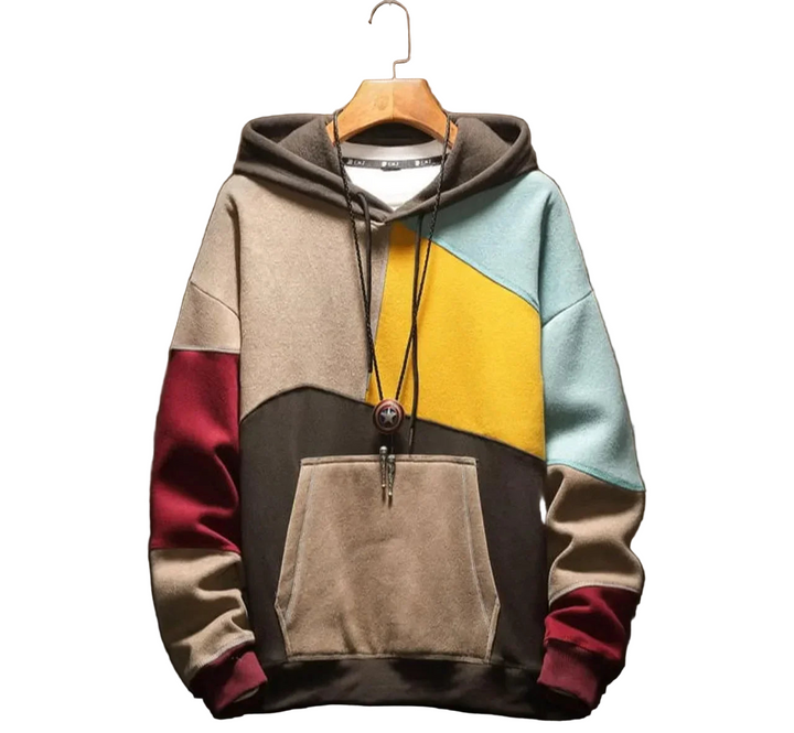 Herre hettegenser med dristig fargeblokk design, ideell for casual streetstyle og hverdagsbruk.