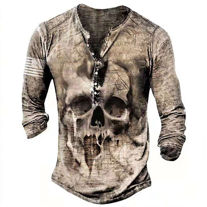 Herre retro skull t-skjorte med lange ermer. Unik grafisk design for vintage stil.
