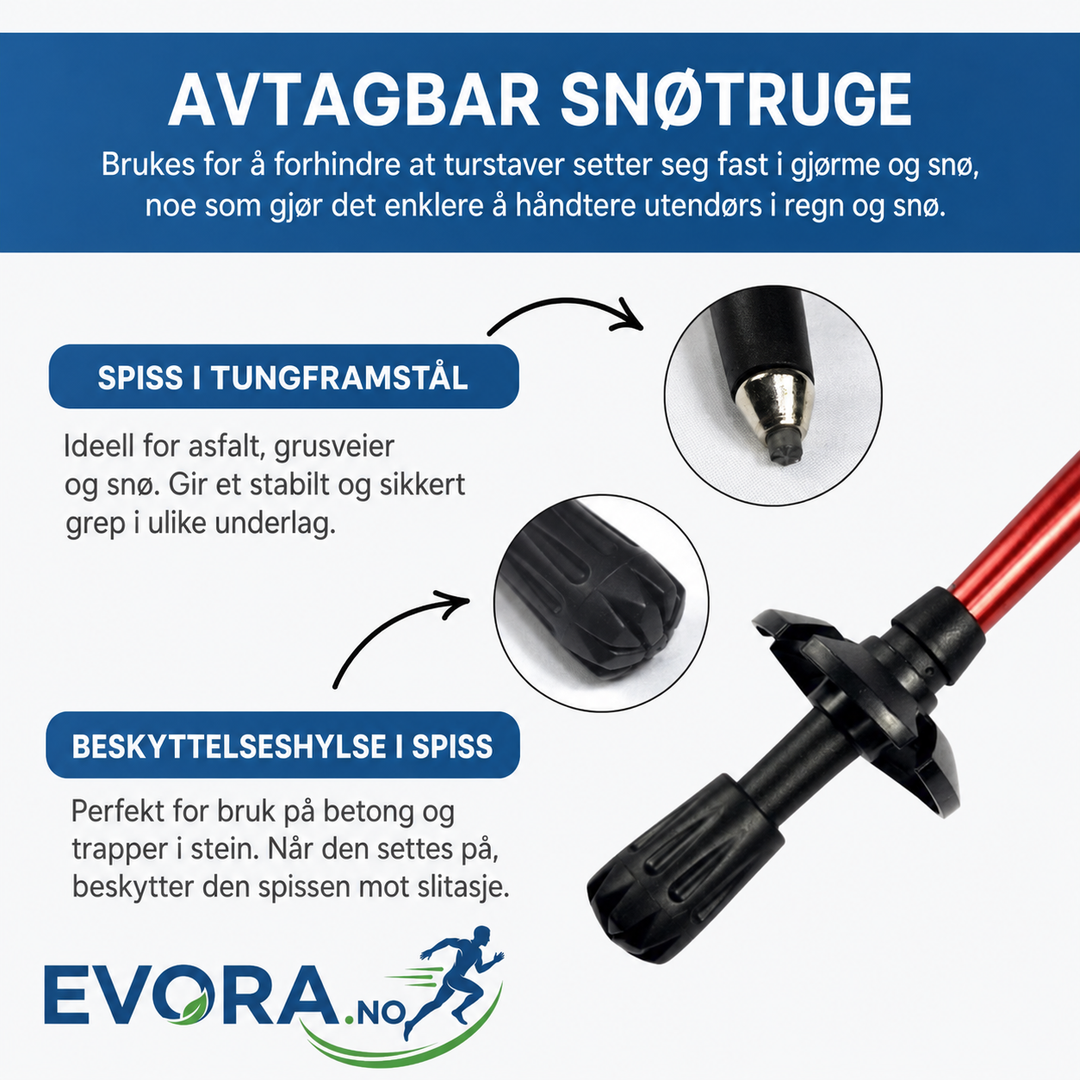 Justerbare turstaver for fjellturer, ergonomisk design for komfort og stabilitet.