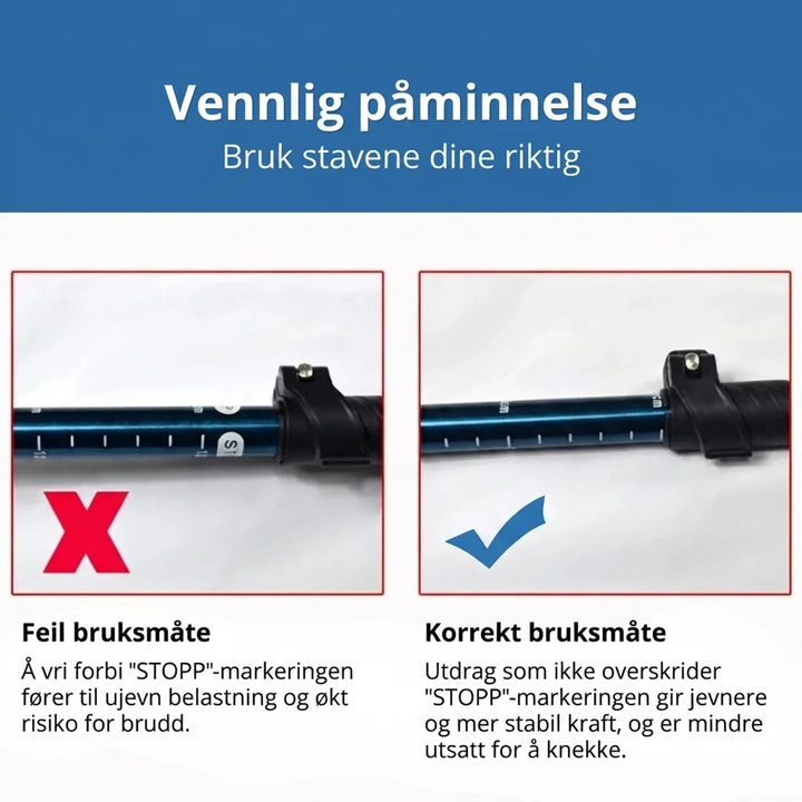 Lettvekts turstaver i karbon, sammenleggbare for enkel transport og oppbevaring.