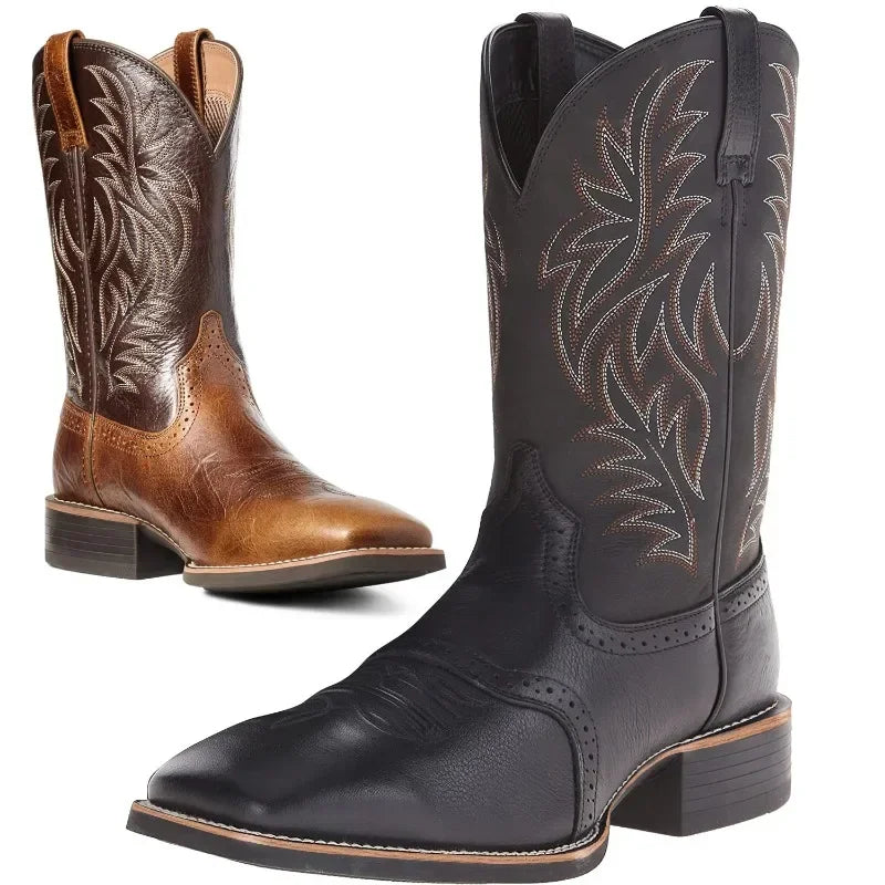 Menns høye cowboystøvler i retro kunstskinn med broderi, perfekte som stilige fritidssko.