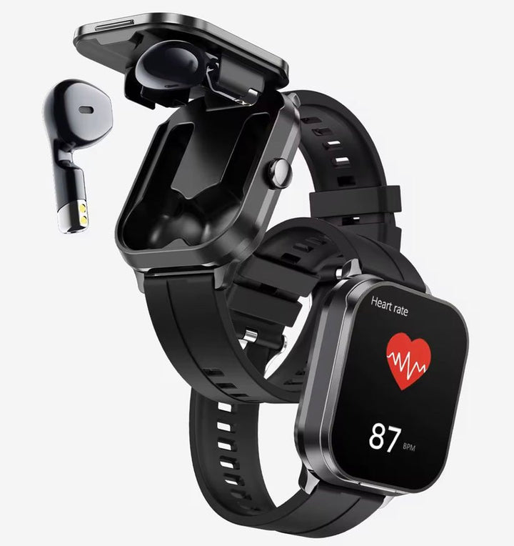 Bærbar 2-i-1 enhet: Smartklokke med Bluetooth hodetelefoner for trådløs musikk og smart funksjonalitet. Unisex teknologi.