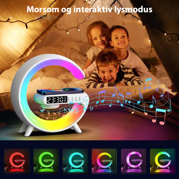 Kompakt smartlampe for nattbordet med trådløs lader, vekkerklokke og stemningslysfunksjon.