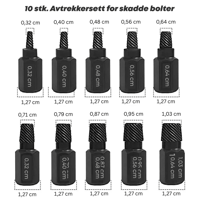 Profesjonelt boltutdragersett for skadede bolter, komplett med diverse størrelser i robust kasse.