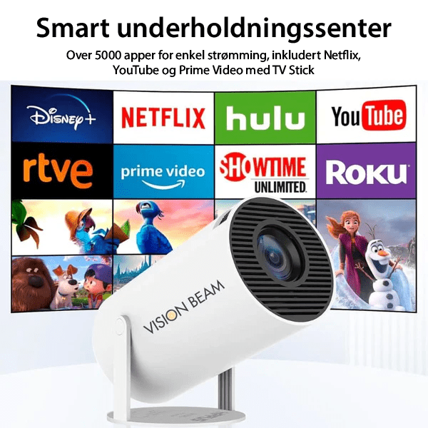 Bærbar smartprojektor med innebygd WiFi og Bluetooth. Strøm filmer og serier i HD-kvalitet.