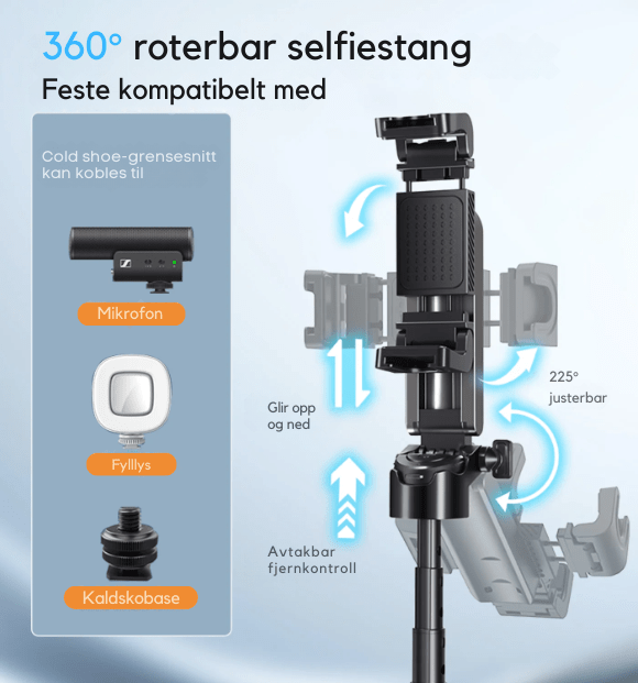 Enkel fotografering med selfiestang, stativ og trådløs Bluetooth fjernkontroll for smarttelefon.
