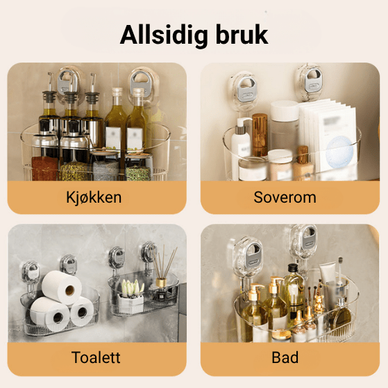 Enkel å montere sugekopphylle for oppbevaring på glatte flater, ingen verktøy trengs. Ryddig og funksjonell.