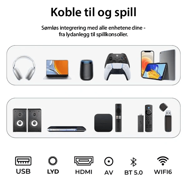 Projektor med dyp, oppslukende kinoopplevelse. Skarpe HD-bilder og klar lyd for filmkvelden.