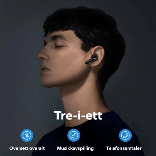 Avanserte oversettelses-ørepropper med sanntidsteknologi. Ideell for internasjonal reise og møter.