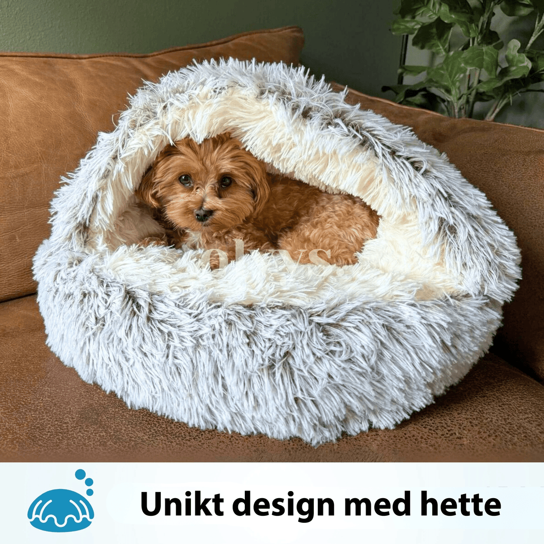Myk angstdempende hundeseng med hette, gir trygghet og dyp søvn for hunden.
