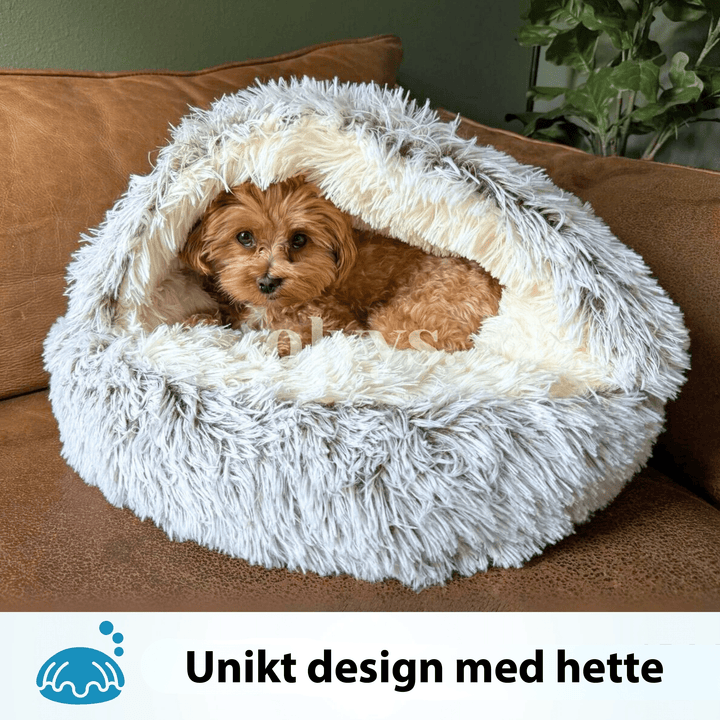 Myk angstdempende hundeseng med hette, gir trygghet og dyp søvn for hunden.