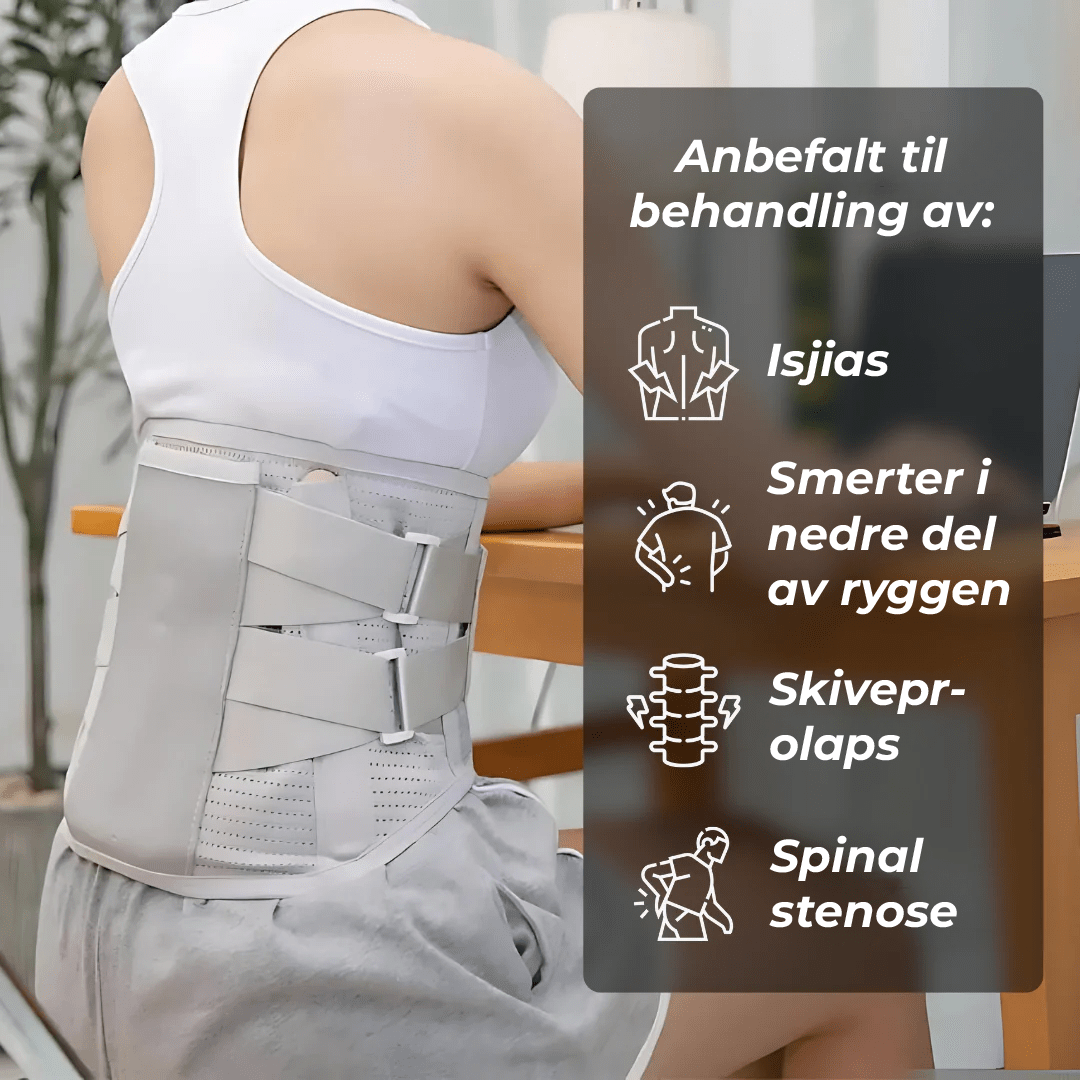 Ergonomisk ryggstøttebelte for korsrygg, gir støtte og korrigerer holdning og fremmer rygghelse.