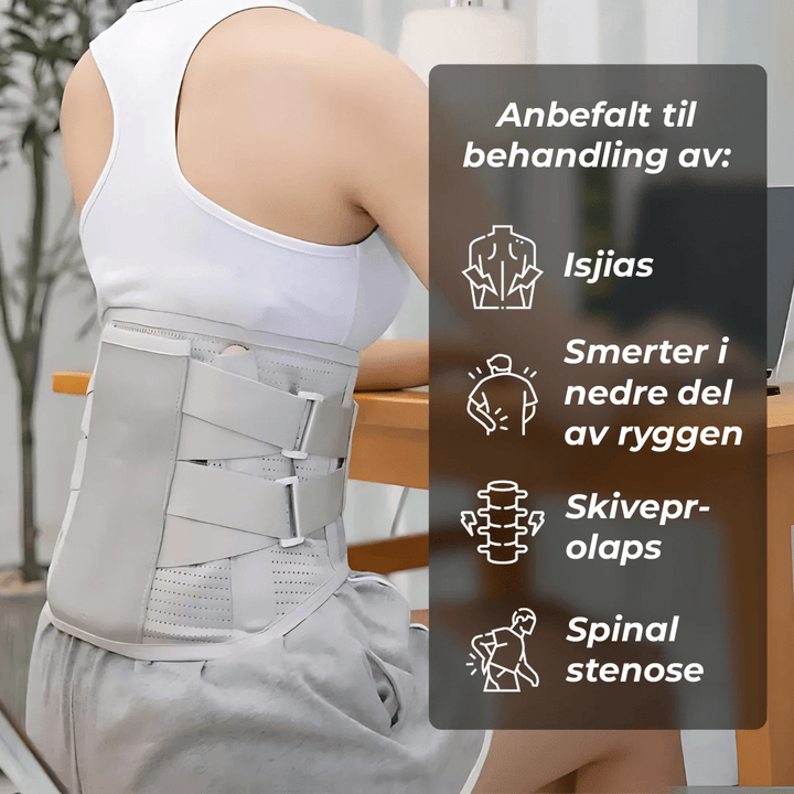 Ergonomisk ryggstøttebelte for korsrygg, gir støtte og korrigerer holdning og fremmer rygghelse.