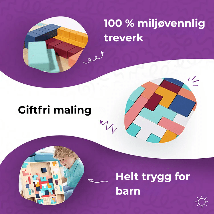 Utviklingsleke: Trepuslespill med Tetris-tema, styrker hånd-øye-koordinasjon for førskolebarn.
