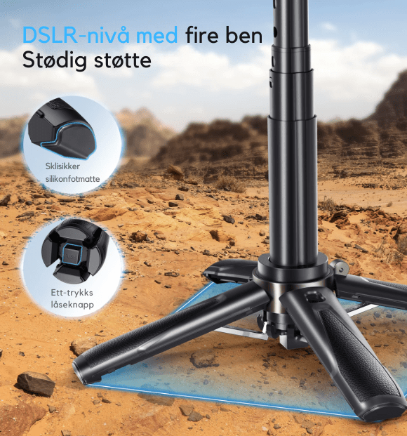 Kompakt selfiestick og telefonstativ med integrert mobilholder og Bluetooth fjernkontroll.