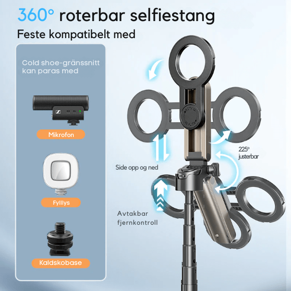 Kompakt selfiestang/stativ foldet sammen, viser bærbar design klar for å tas med på reise.