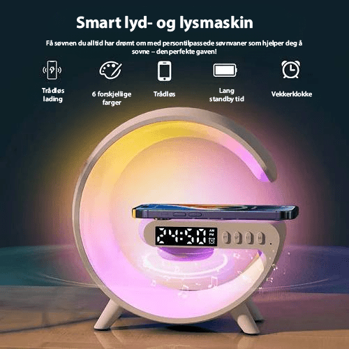Smart atmosfærelampe med justerbart stemningslys, fargeterapi og avslappende sovehjelp-funksjon.