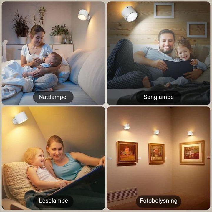 Praktisk trådløs LED vegglampe med USB-lading. Roterbar, dimbar og magnetisk for enkel bruk i hjemmet.