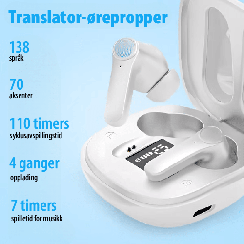 Nærbilde av ergonomiske oversettelses-ørepropper. Trådløse, smarte for sømløs språklig kommunikasjon.