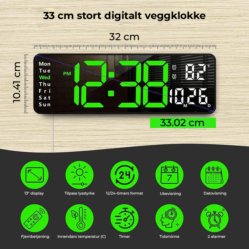 Elegant ClearView digital veggklokke, perfekt for stuen, kontoret eller lageret.
