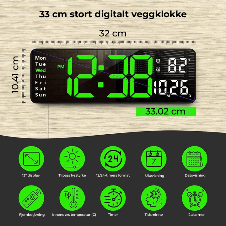 Elegant ClearView digital veggklokke, perfekt for stuen, kontoret eller lageret.