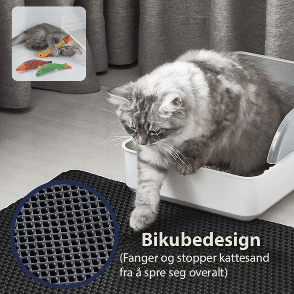 Sort kattebakkematte med bikubemønster fanger effektivt kertesand og holder gulvet rent og strøfritt.