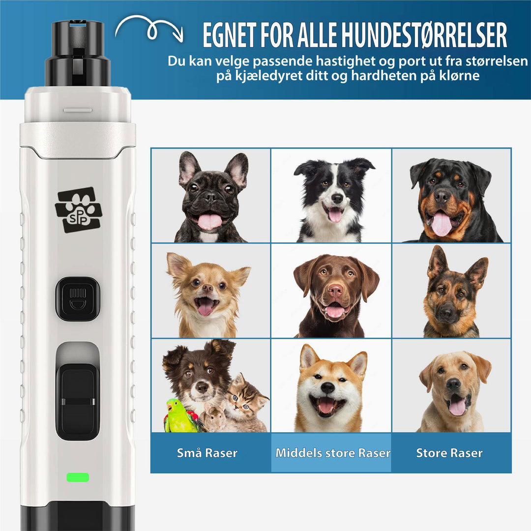 Den stille elektriske hundesliperen reduserer stress. Profesjonell negletrimmer for komfortabel klopleie.