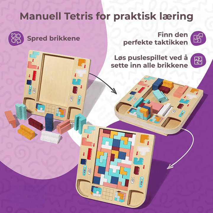 Skjermfri læreleke: Robust trepuslespill, Tetris-stil, fremmer konsentrasjon og romforståelse.