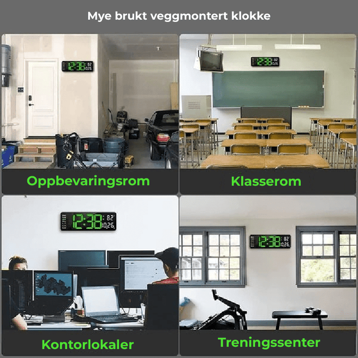 Stor digital veggklokke viser tid, dato og nøyaktig temperatur, ideell for alle rom.