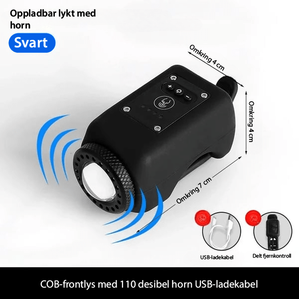 Sykkellys og horn 2-i-1 LED-lys for økt sikkerhet. Vanntett, oppladbar sykkeltilbehør for pendling.