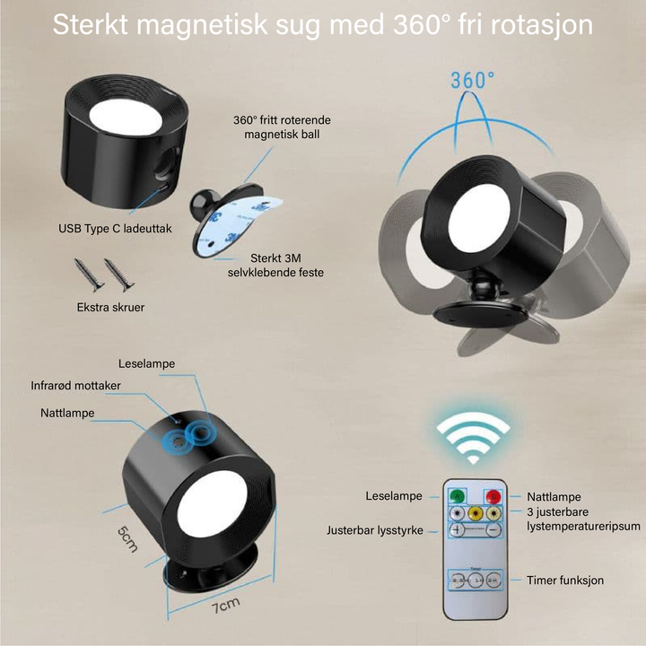 Allsidig trådløs LED vegglampe. Roterbar og dimbar, perfekt som belysning til gang, kjøkken eller kontor.