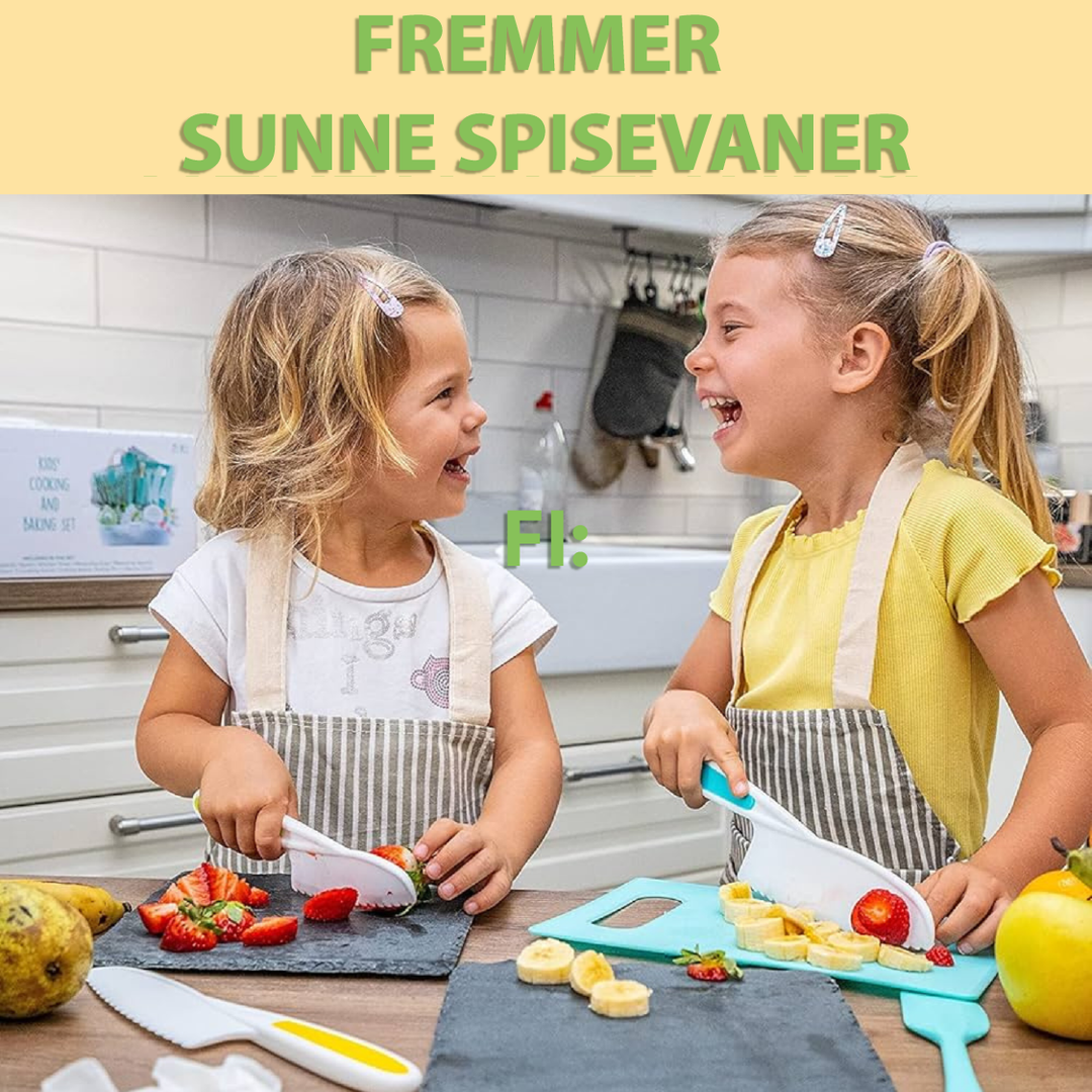 Gutter og jenter lager mat med foreldre. Morsomme kjøkkenredskaper for trygg og aktiv deltakelse.