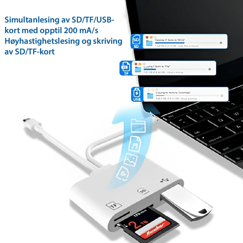 Kompakt USB-C kortleser med doble spor for SD- og TF-kort. Rask filoverføring fra minnekort.